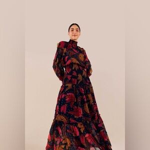 FARM RIO Patchwork Bananas Long Sleeve Maxi Dress